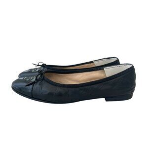 Authentic CHANEL Leather and Patent Leather Black Ballet Flats